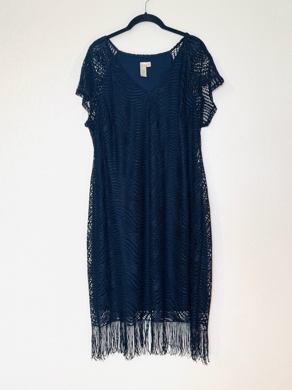 Emma & Michele Dress XL Navy Blue Lined Fringe Cocktail Flapper Lace Overlay